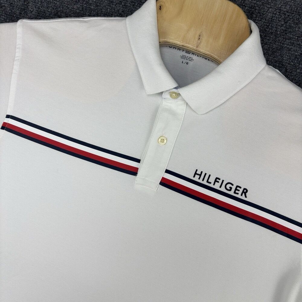 Tommy Hilfiger Men’s Polo Shirt Large White Red Navy Stripe 97% Cotton